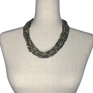 Artisan Multi-Strand Green Seed Bead Necklace Stone Toggle Closure Boho Earthy